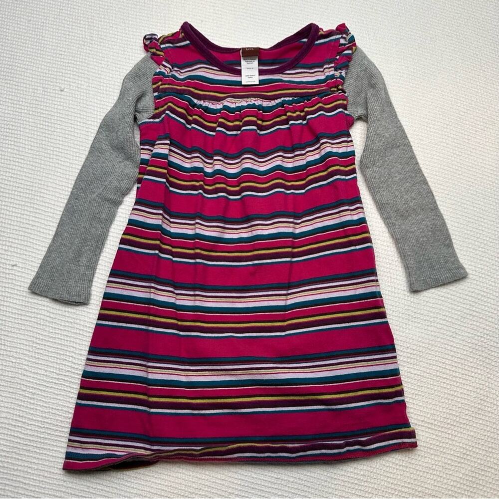 Tea Collection Pink Striped Dress with Gray Sleeves size 3